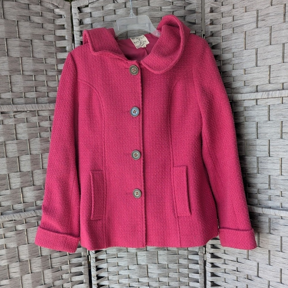 Anthro Tulle Hooded Coat Pink Wool Blend Basketweave Button Front Womens‎ Sz M